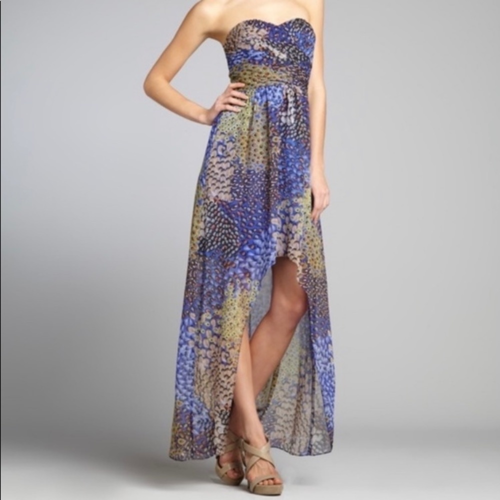 Max and Cleo high low peacock dress